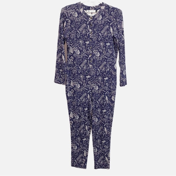 Anthropologie Adele Prost Fern Lounge Jumpsuit XL Blue Pajama One Piece - Picture 2 of 16